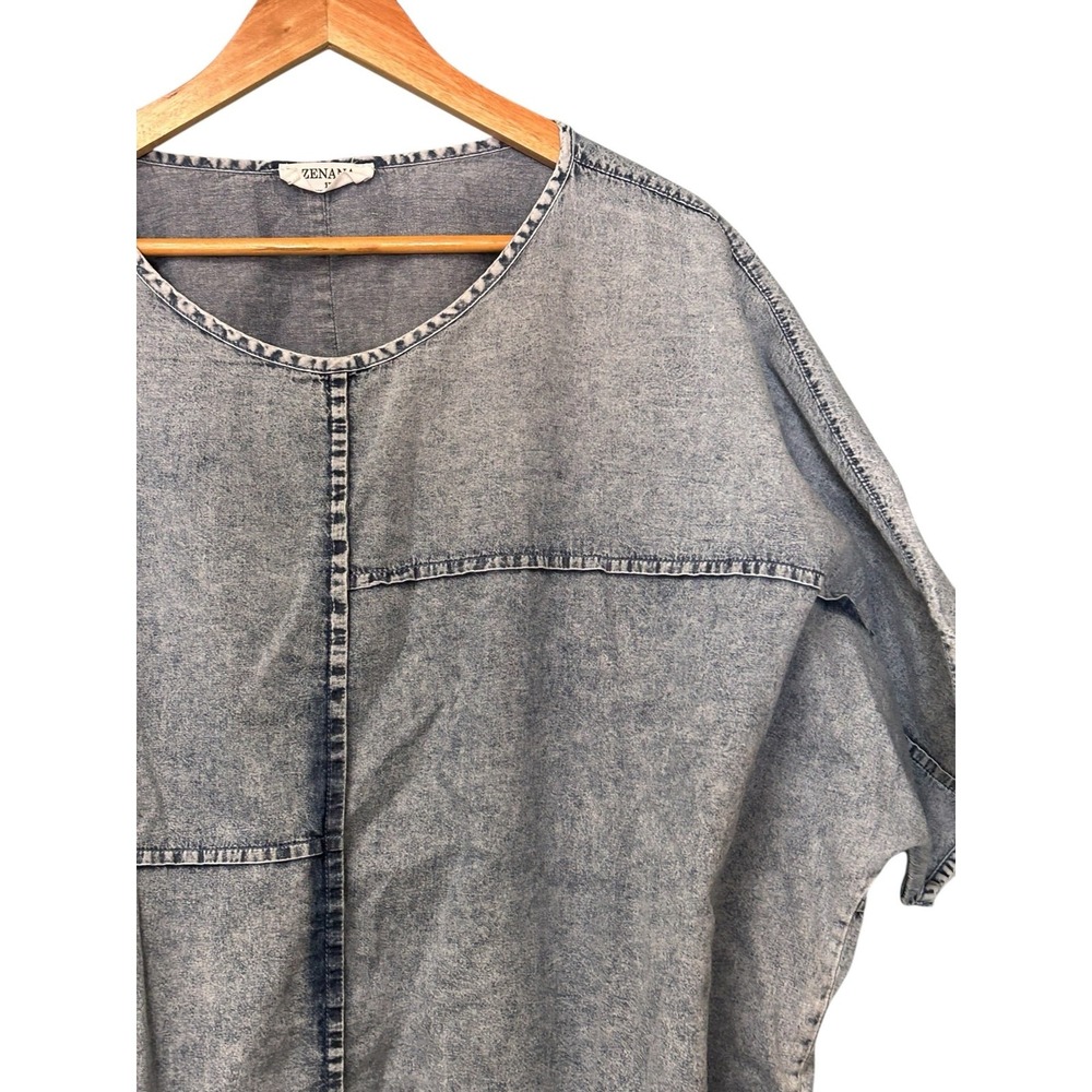 Zenana 1X Boutique Style Chambray Denim Look‎ Dolman Sleeve Hi-Low Blouse - Picture 6 of 11